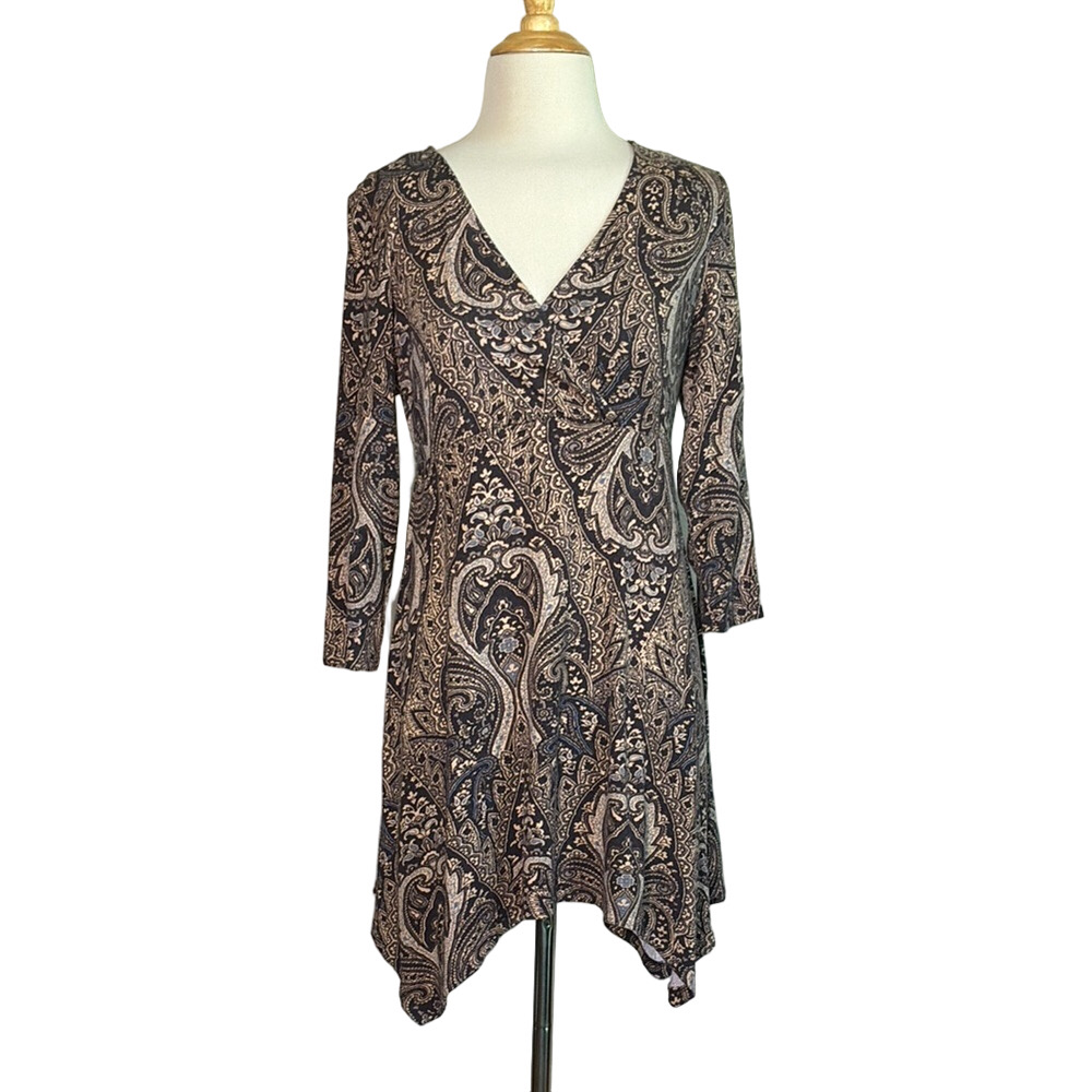 SOMA Women Small Brown Paisley Knit Babydoll Y2K Fishtail‎ Hem Midi Dress Artsy